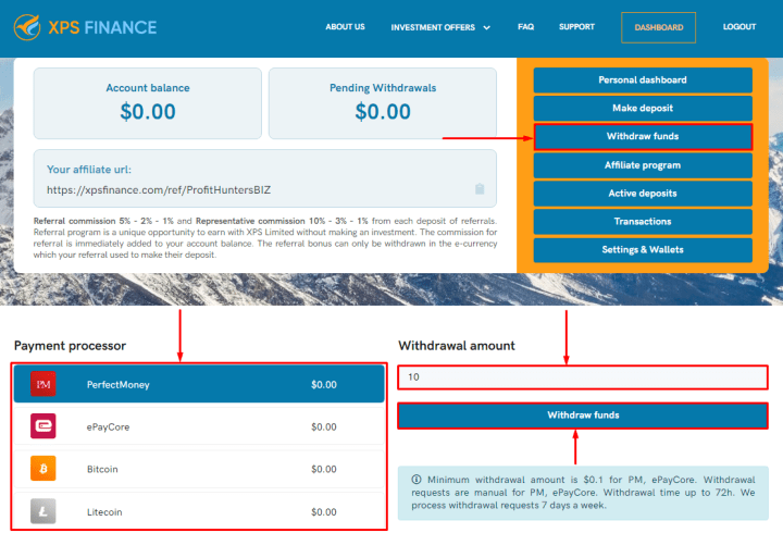 Вывод средств в проекте XPS Finance