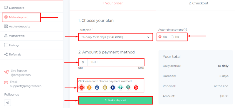 Creating a deposit in the Progrex Tech project