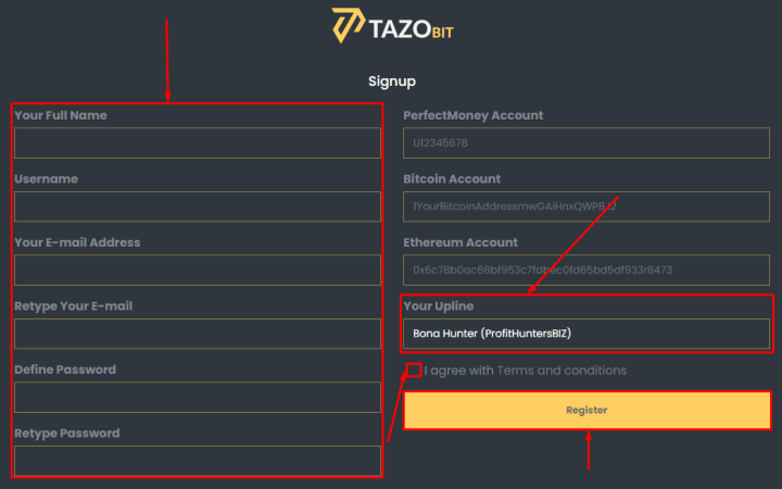 Регистрация в проекте Tazobit