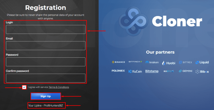 Регистрация в проекте Cloner