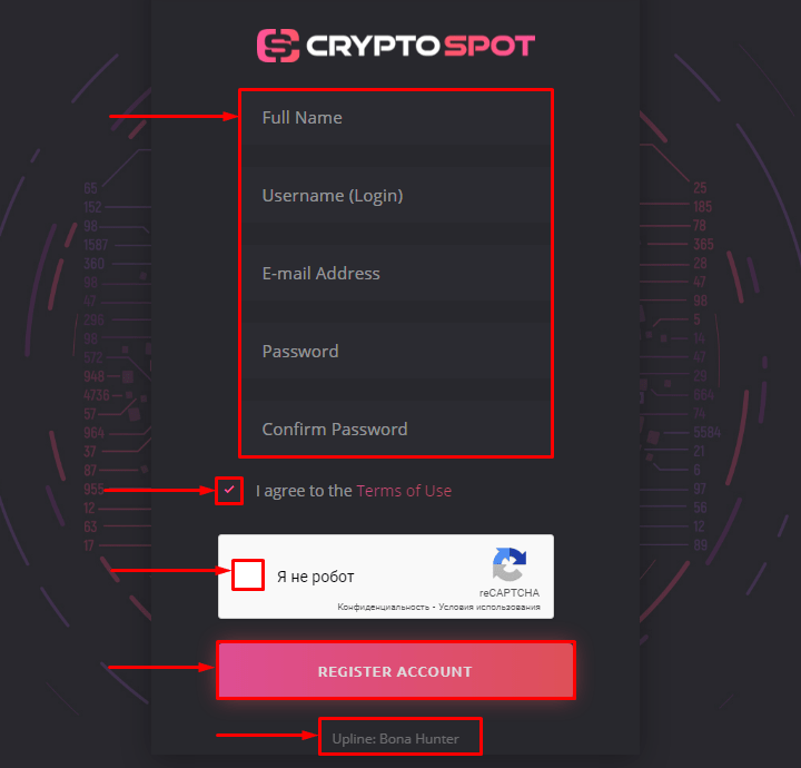 Регистрация в проекте Crypto Spot