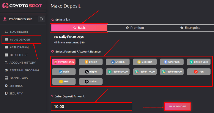 Creation of a deposit in the Crypto Spot project