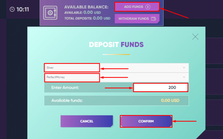 Making a deposit in the Wego Trade project
