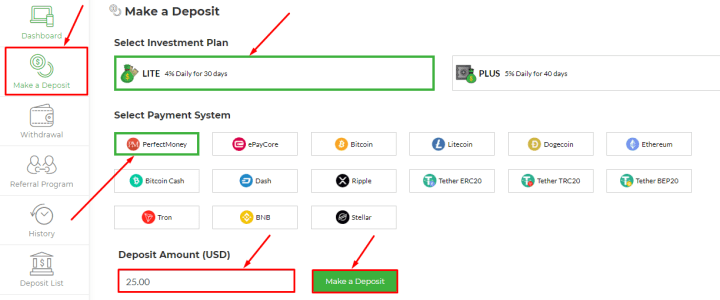 Создание депозита в проекте Bit Plam