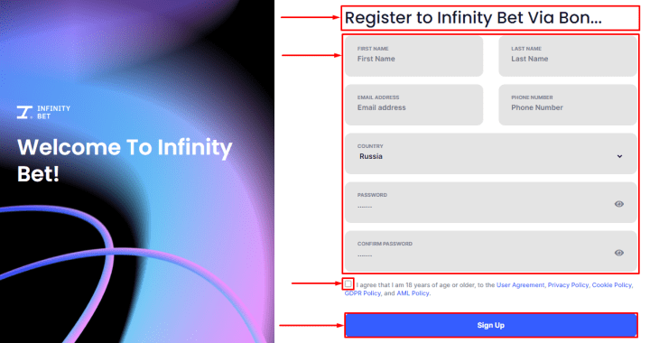 Регистрация в проекте InfinityBet