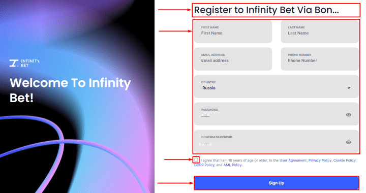 InfinityBet жобасына тіркелу