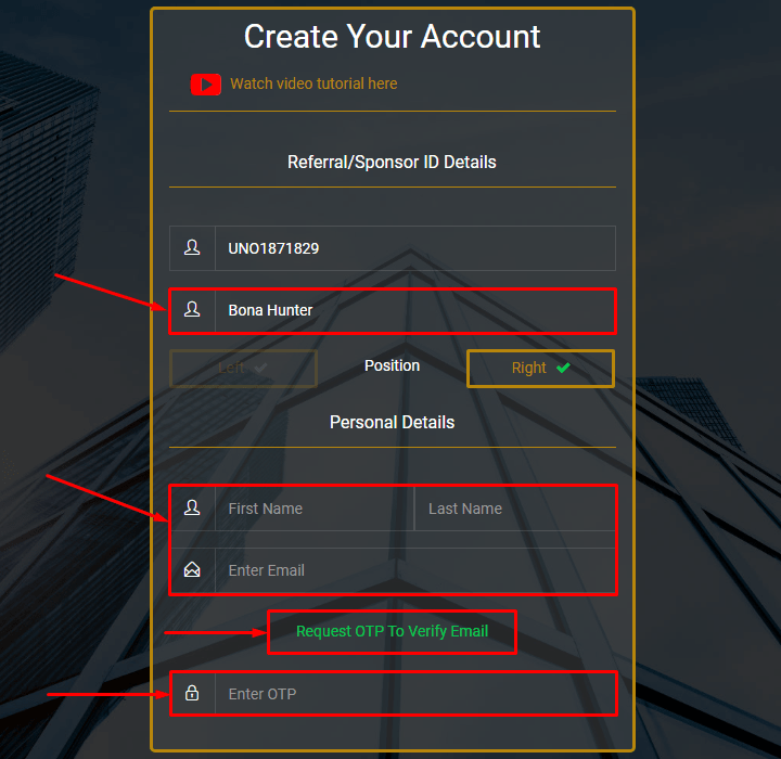 Регистрация в проекте Tradeunos