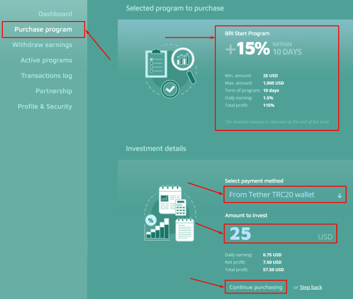 Creating a deposit in the Brightrightinvest project