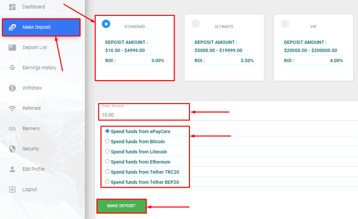 Creating a deposit in the Bitfinzo project