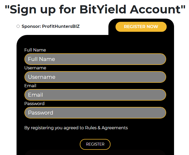 Регистрация в проекте Bityield