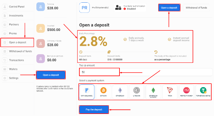 Creating a deposit in the Finanex project