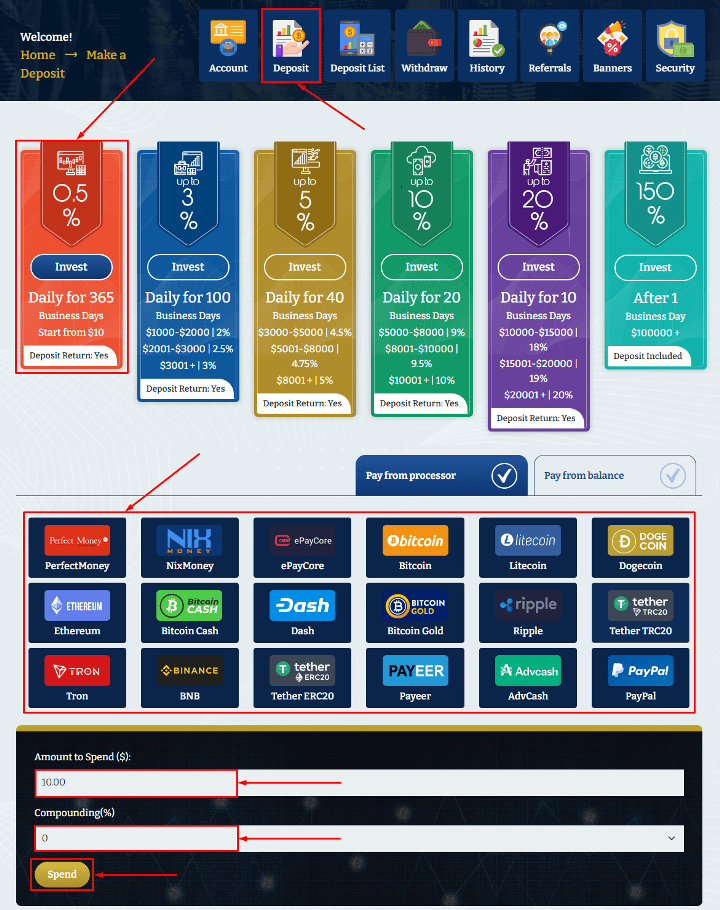 Creazione di un deposito nel progetto Cryptocoins Fund