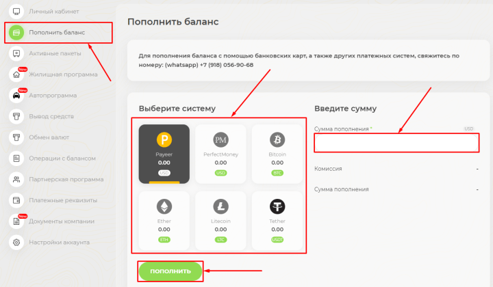 Пополнение баланса в проекте EdenLife7