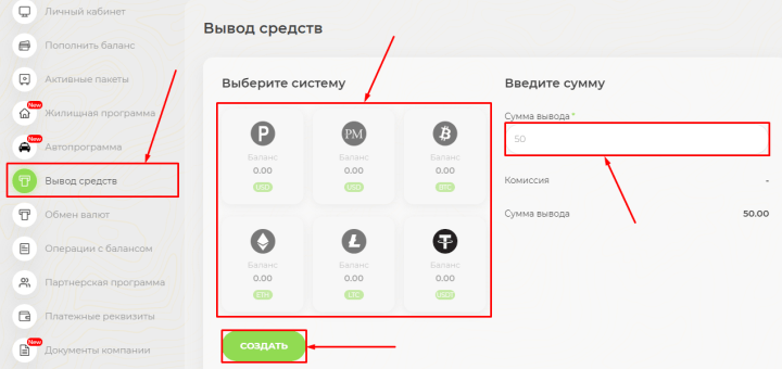 Вывод средств в проекте EdenLife7