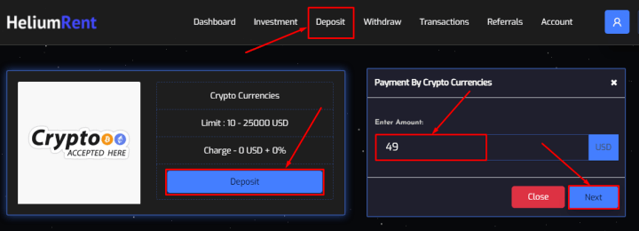 Пополнение баланса в проекте Helium Rent