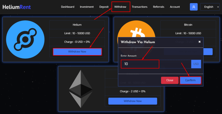 Вывод средств в проекте Helium Rent