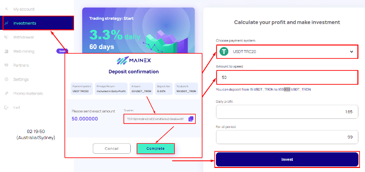 Создание депозита в проекте Mainex