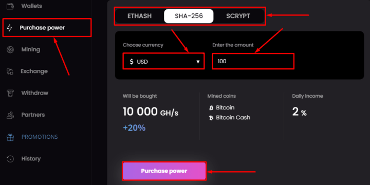 Buying a hashrate in the Noxima project