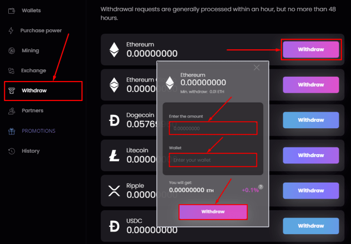 Вывод средств в проекте Noxima