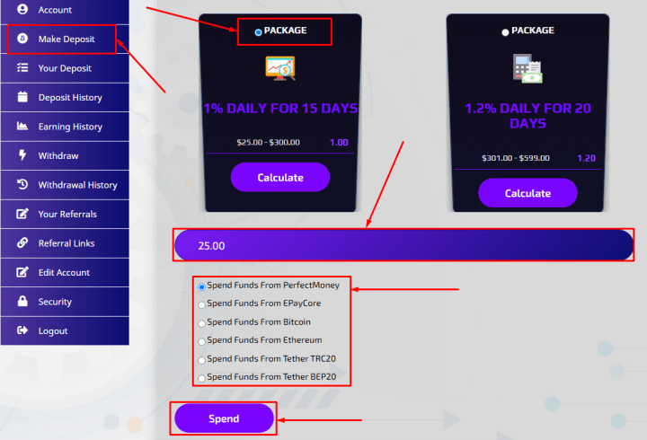 Creating a deposit in the ProtradeBTC project