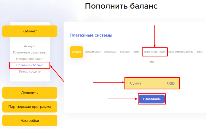 Пополнение баланса в проекте Century Site