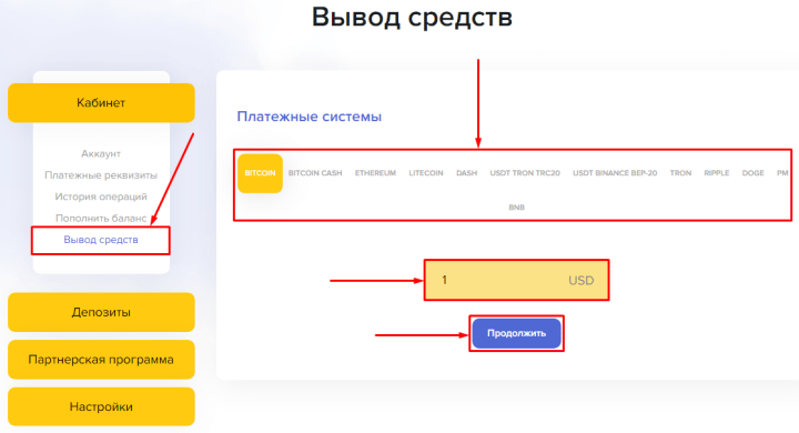 Вывод средств в проекте Century Site