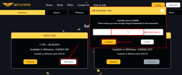 Withdrawal of funds in the Metatron project