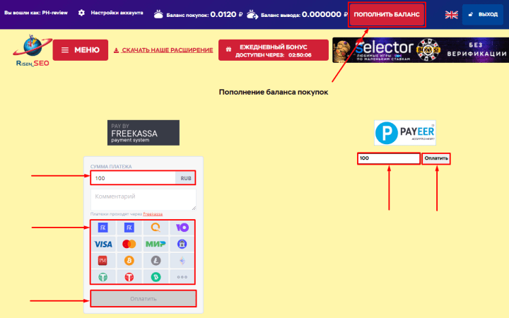 Пополнение баланса в проекте RisenSeo