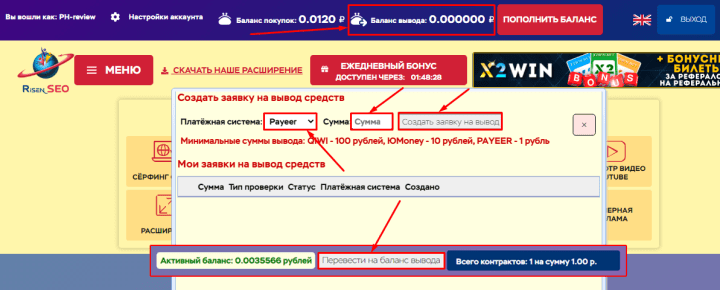 Вывод средств в проекте RisenSeo