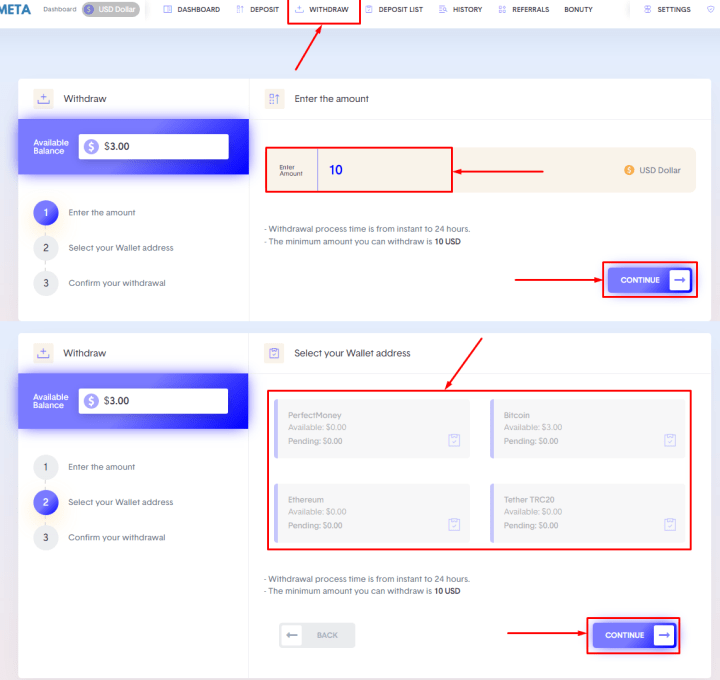 Withdrawal of funds in the InvMeta project