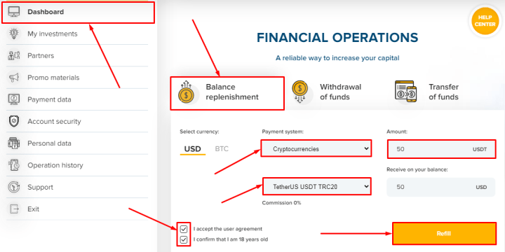 Пополнение баланса в проекте CarFoxes