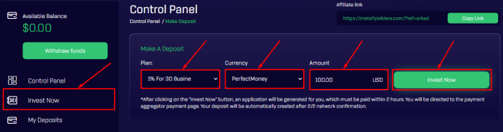 Creating a deposit in the MetafiYielders project