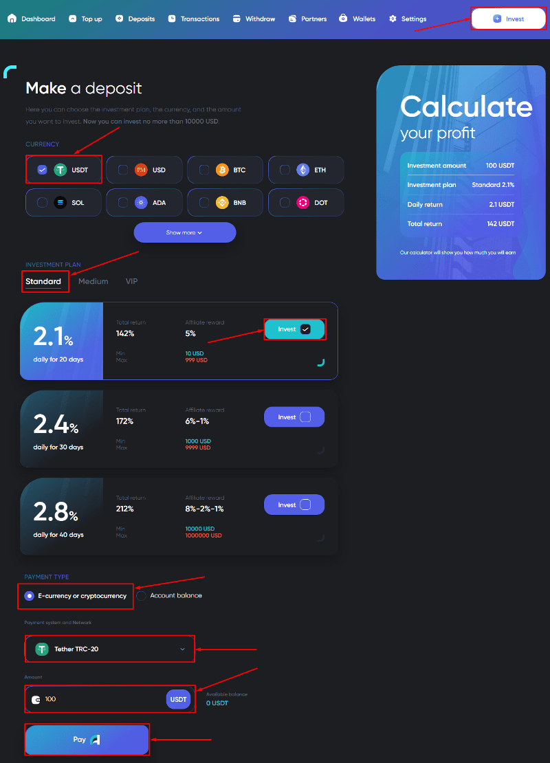 Создание депозита в проекте Adex Capital