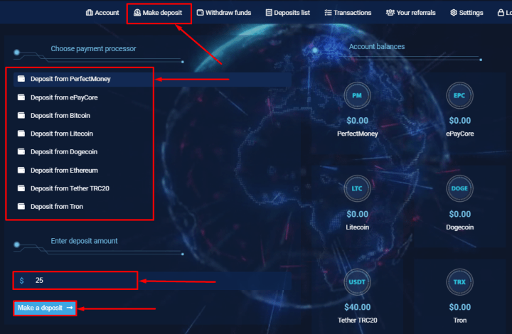 Создание депозита в проекте Starix