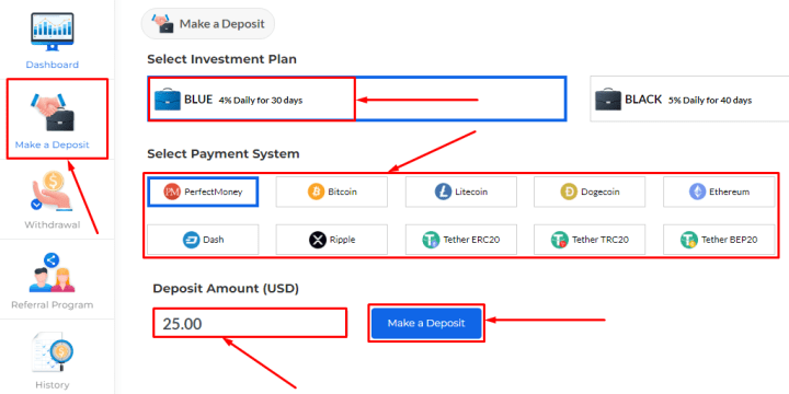 Создание депозита в проекте Asebit