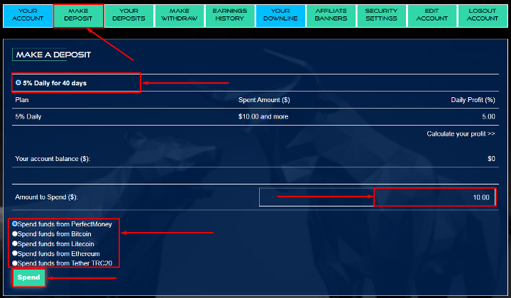 Creating a deposit in the Bitglobal project