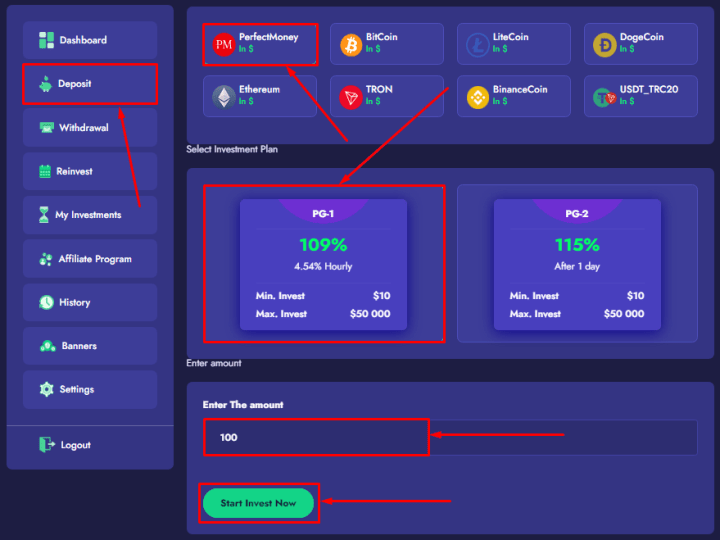 Creating a deposit in the ProfitGoal project