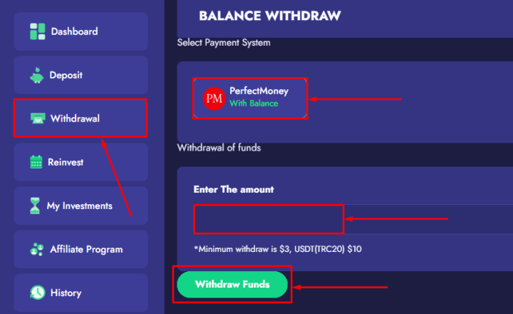 Вывод средств в проекте ProfitGoal