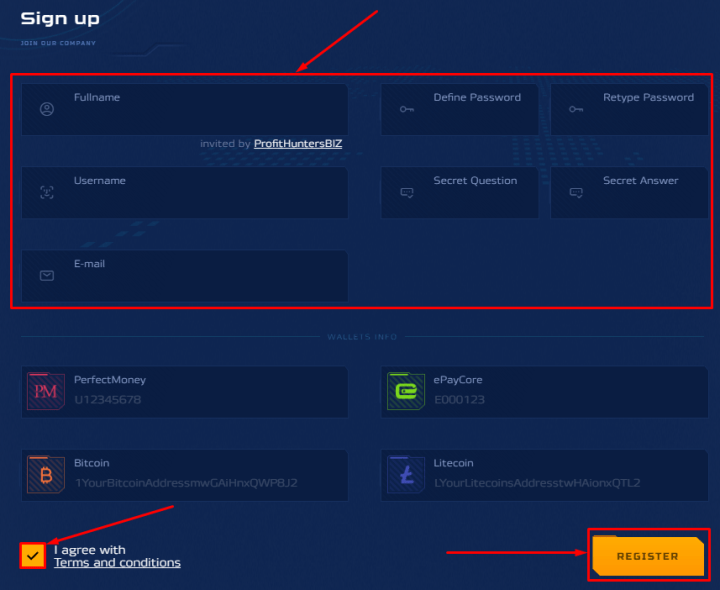 Регистрация в проекте Syfinex