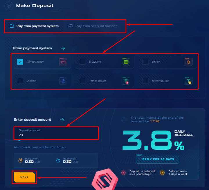 Создание депозита в проекте Syfinex