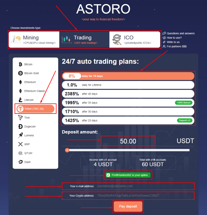 Создание депозита в проекте Astoro