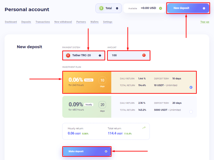 Создание депозита в проекте BitQuad