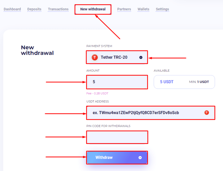 Вывод средств в проекте BitQuad