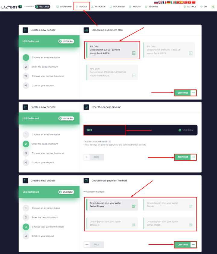 Создание депозита в проекте LazyBot