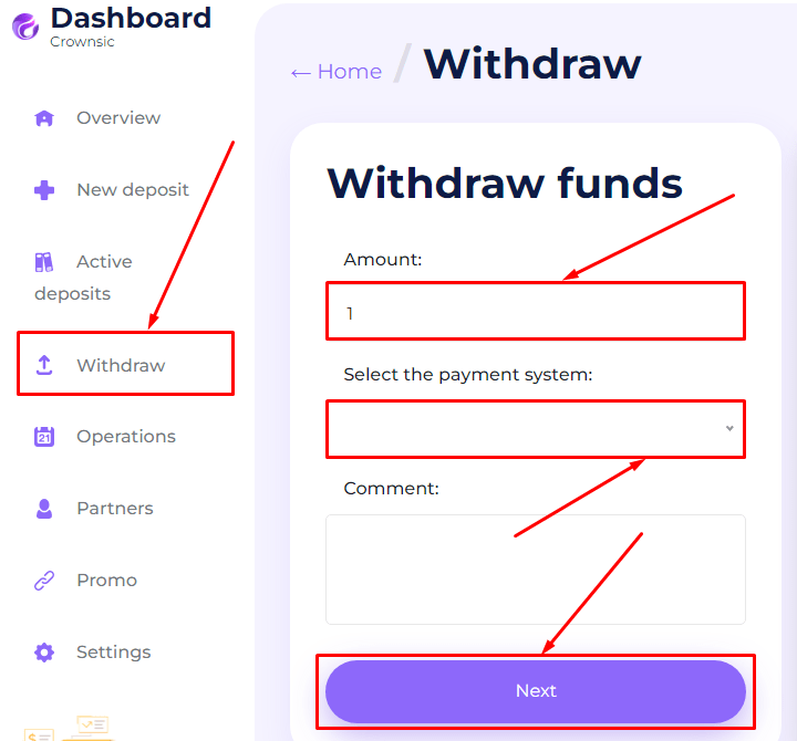 Вывод средств в проекте Crownsic