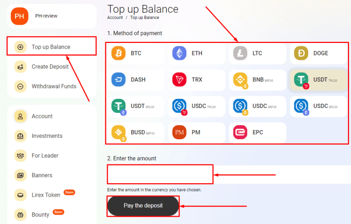 Replenishment of balance in the Lirex project