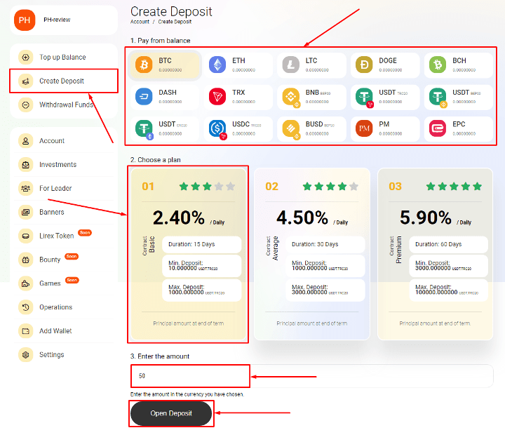 Creating a deposit in the Lirex project