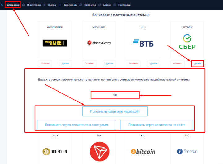 Пополнение баланса в проекте Alpina Trade