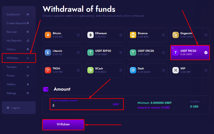 Withdrawal of funds in the Brexons project