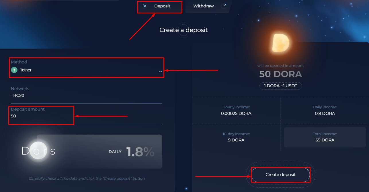 Создание депозита в проекте Doradus